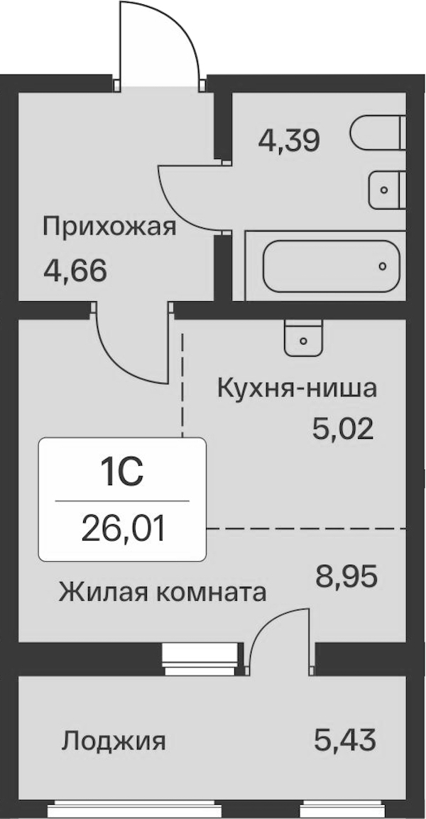Квартира студия 26.01 м², 1/9 эт., ЖК «Расцветай в Янино»